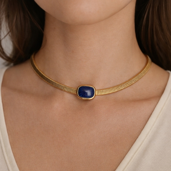 Dior Choker Necklace Vintage 80s Dior Chunky Gold Tone Blue Faux Stone - Picture 2 of 16